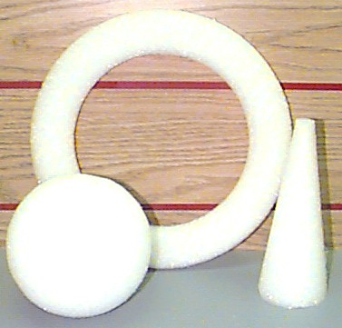 styrofoam shapes: donut, cone, and ball